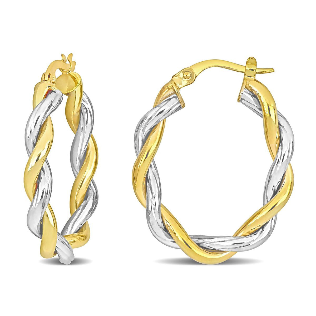 10K YELLOW AND WHITE GOLD TWISTED OVAL HOOP EARRINGS