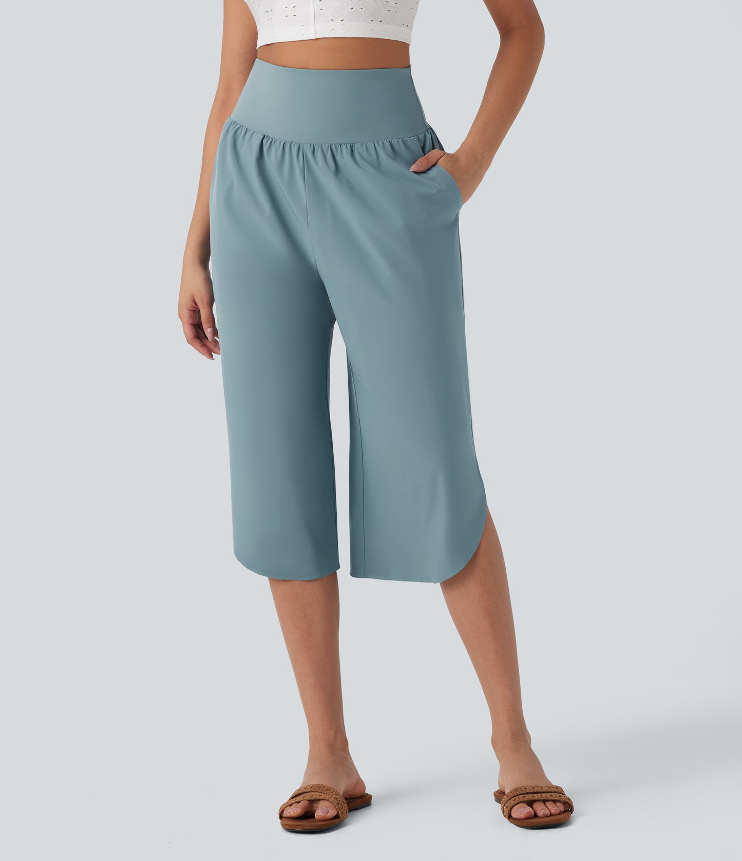 High waisted tummy control hem quick dry capri pants