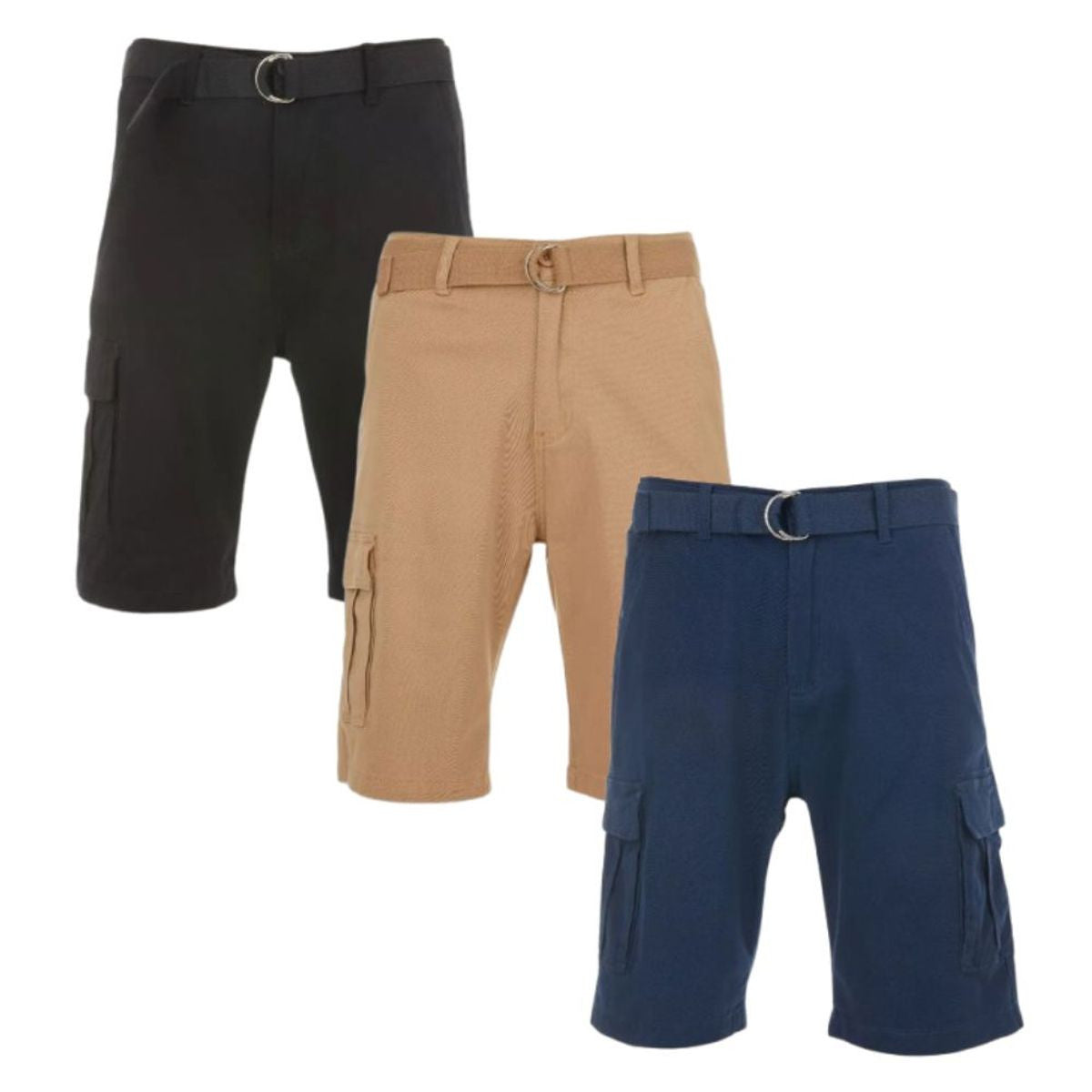 MENS COTTON STRETCH TWILL CARGO SHORTS WITH BELT 3 PACK