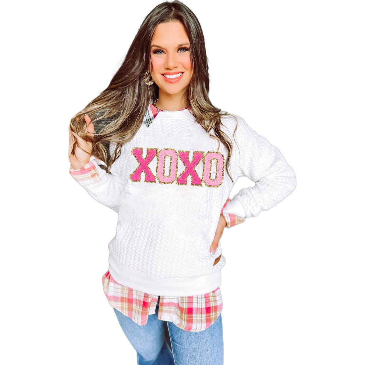 LOGAN XOXO GLITTER CHENILLE CABLE KNIT PULLOVER SWEATSHIRT