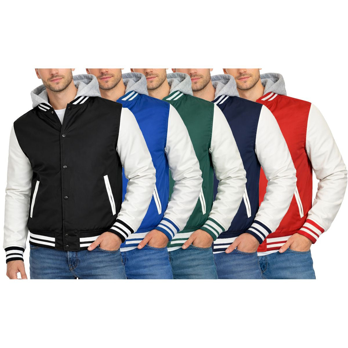 MENS HOODED VARSITY JACKET WITH DETACHABLE HOOD