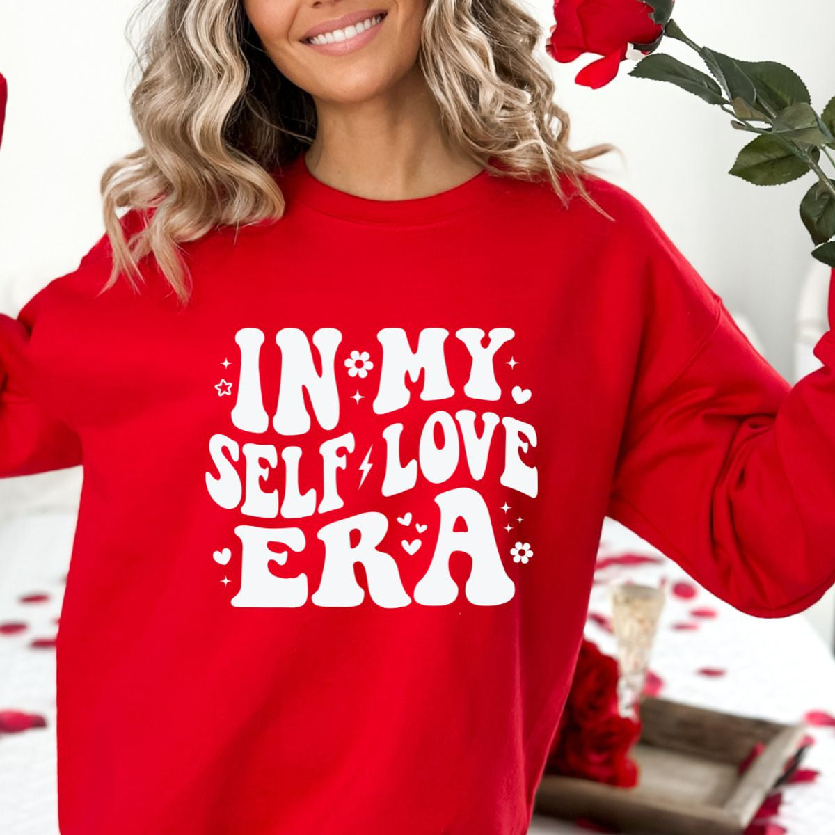 IN MY SELF LOVE ERA WHITE PRINT SWEATER