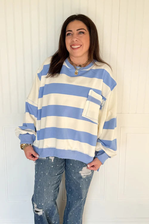 Striped color block terry pocket sweatshirt