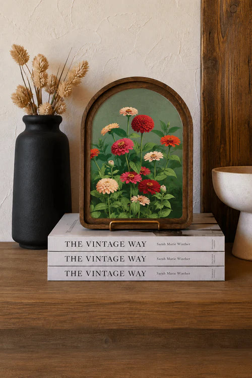 Vintage zinnias arch framed art 6x8 inch
