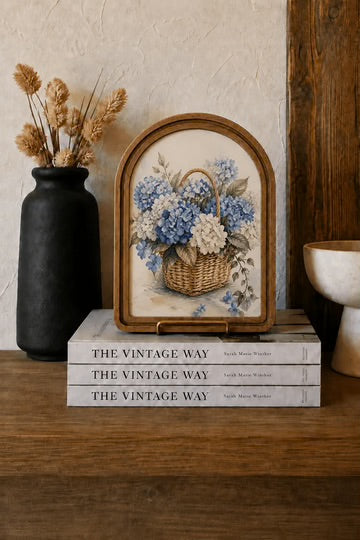 Blue hydrangeas framed art arch 6x8 inch
