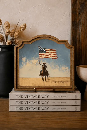 Cowboy with flag provincial arch framed art 9x10 inch