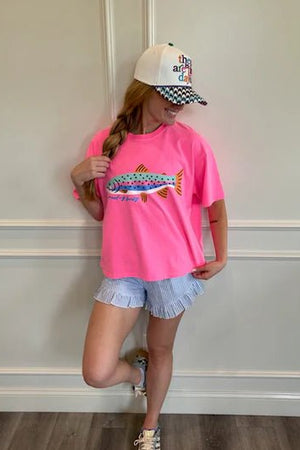Reel cute rainbow trout crop tee