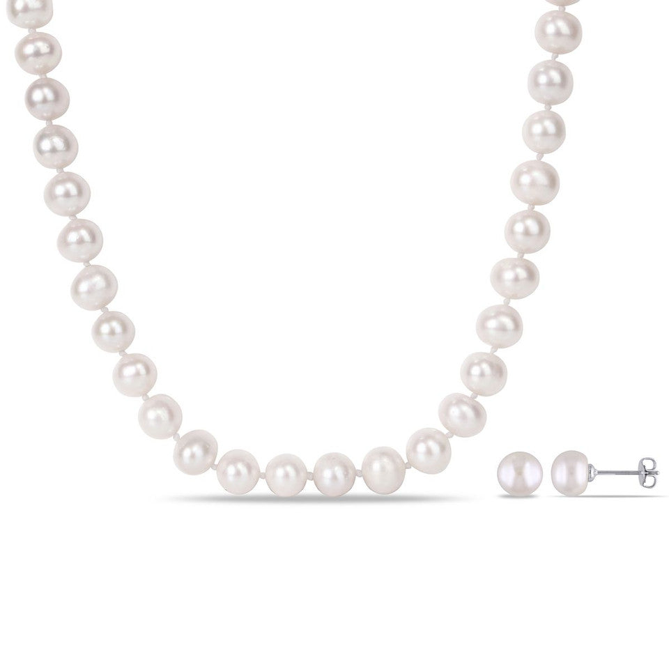 2 piece set 8-10mm cultured freshwater pearl stand necklace and stud earrings
