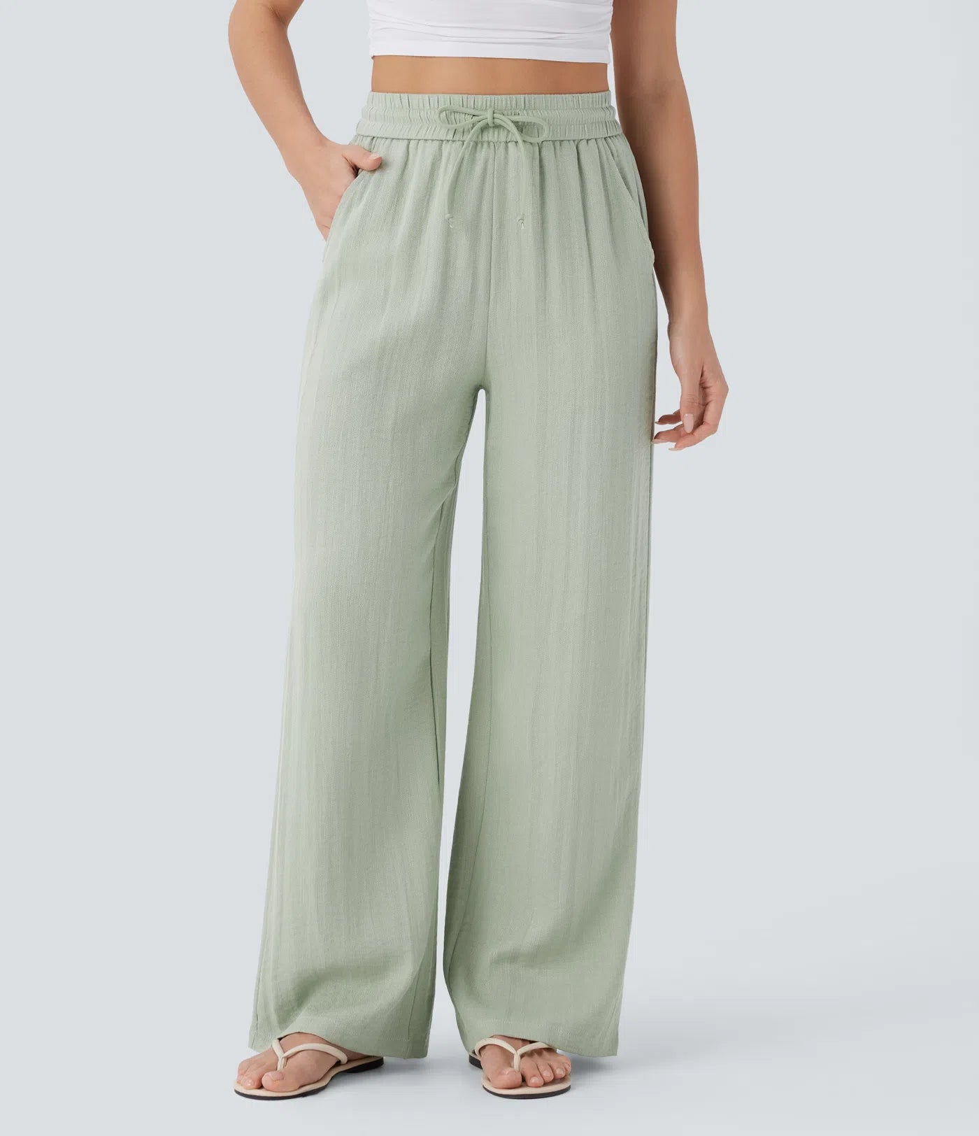 High waisted drawstring pocket wide leg baggy casual linen feel pants
