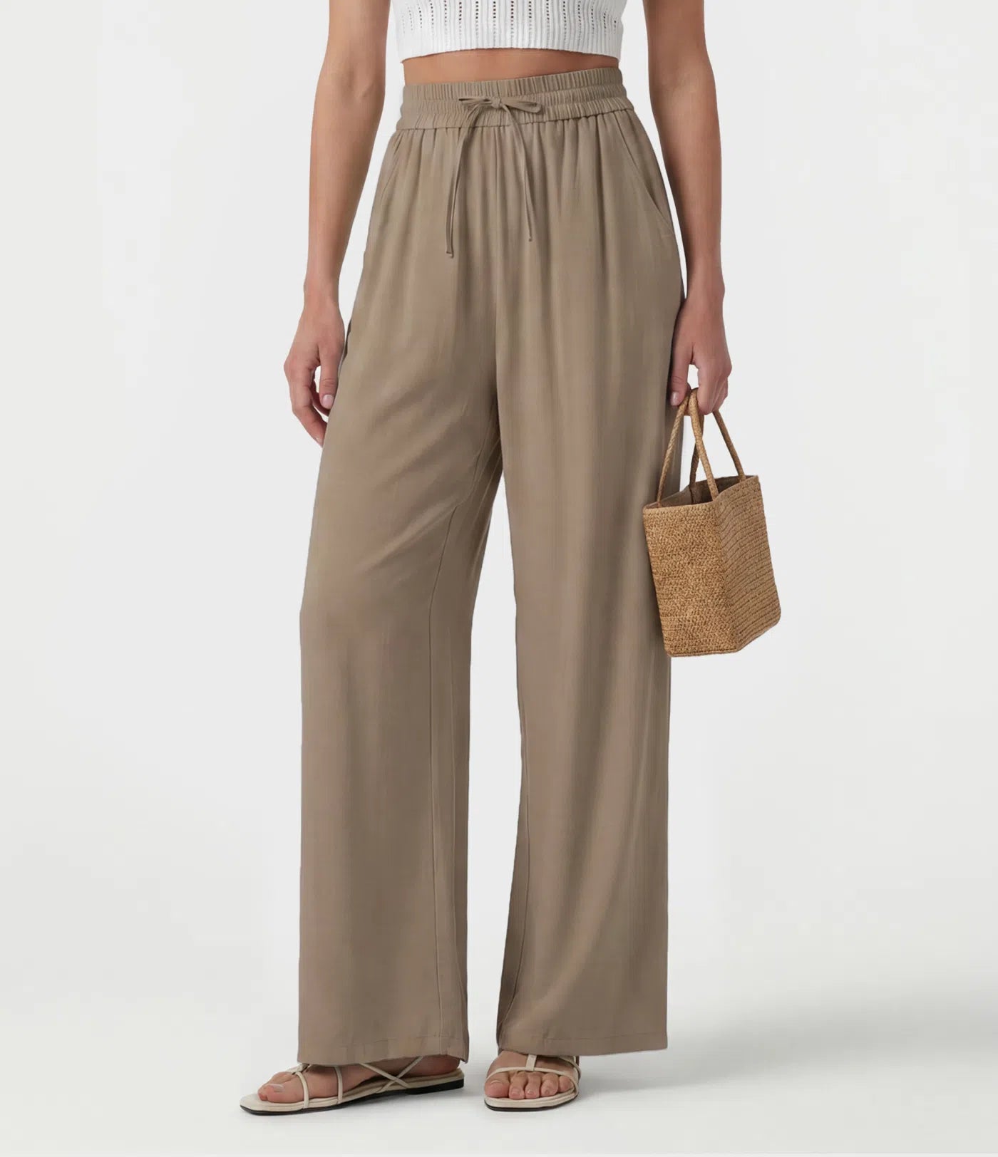 High waisted drawstring wide leg casual linen blend pants