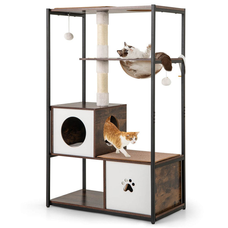 52 inch tall wooden cat tree with 2 large platforms and scratching posts