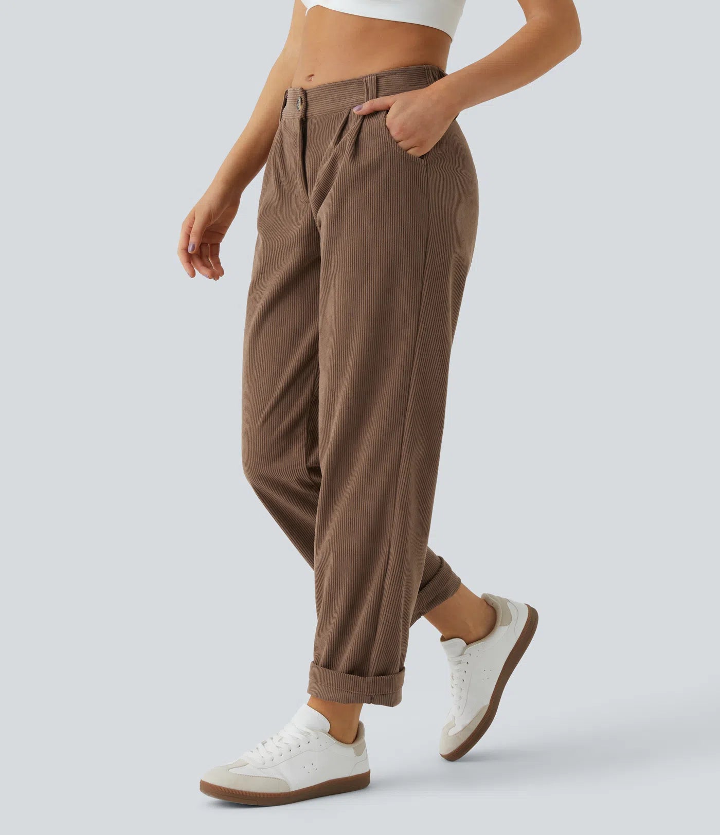 Mid rise zipper pocket corduroy casual pants