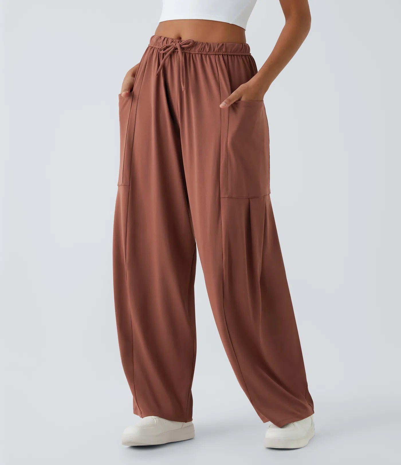 Mid rise elastic waistband drawstring pocket palazzo flowy