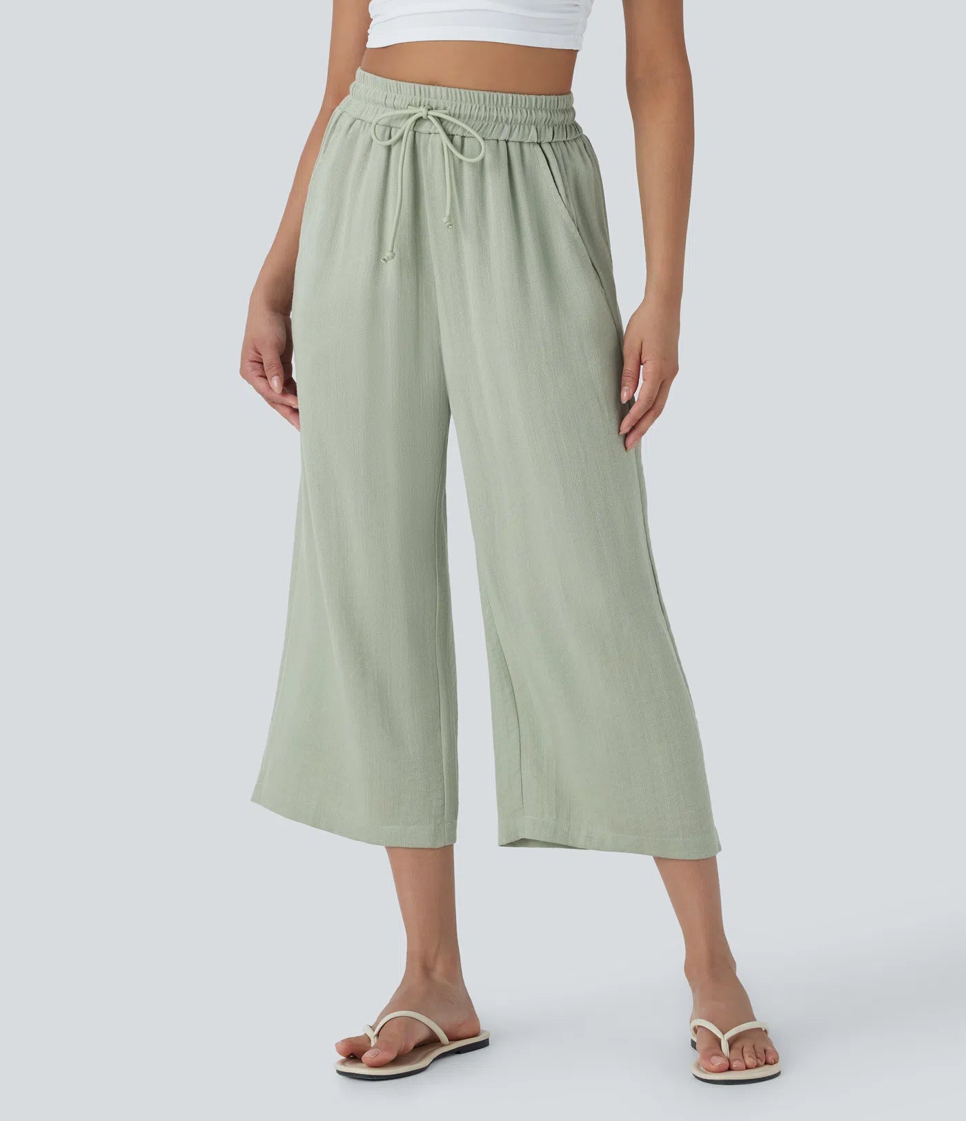 High waisted drawstring wide leg cropped casual linen feel pants