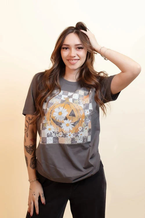 Womens checkered jack o lantern graphic tee