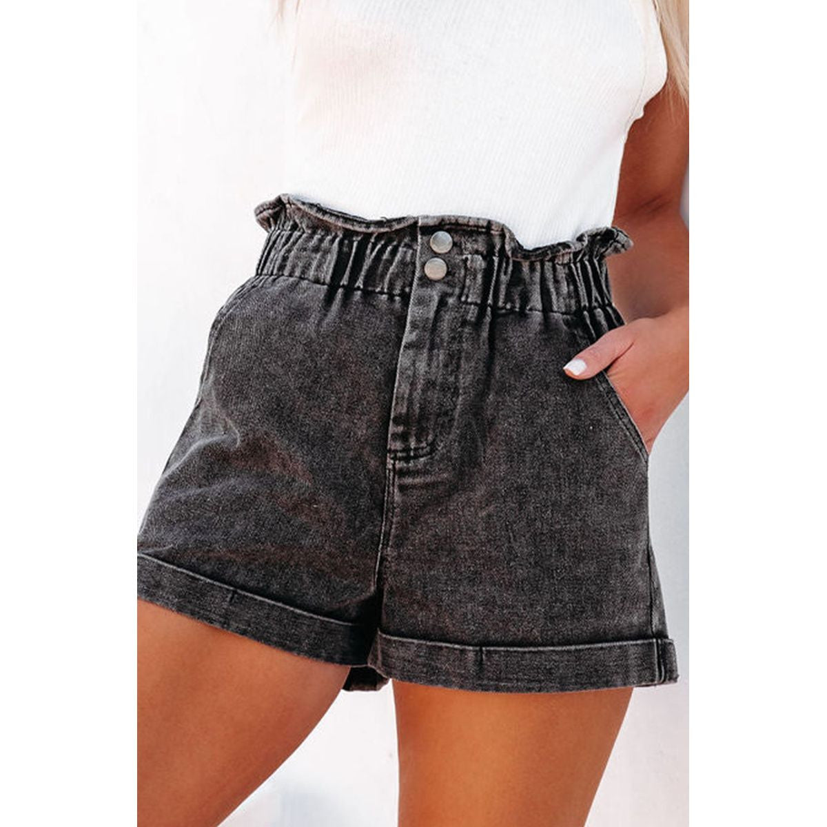 MELANY VINTAGE WASHED FRILLED HIGH WAIST DENIM SHORTS