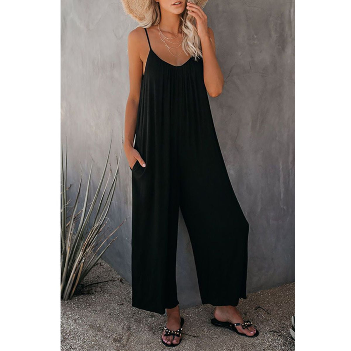 LOOSE WIDE LEG ROMPER WITH POCKETS