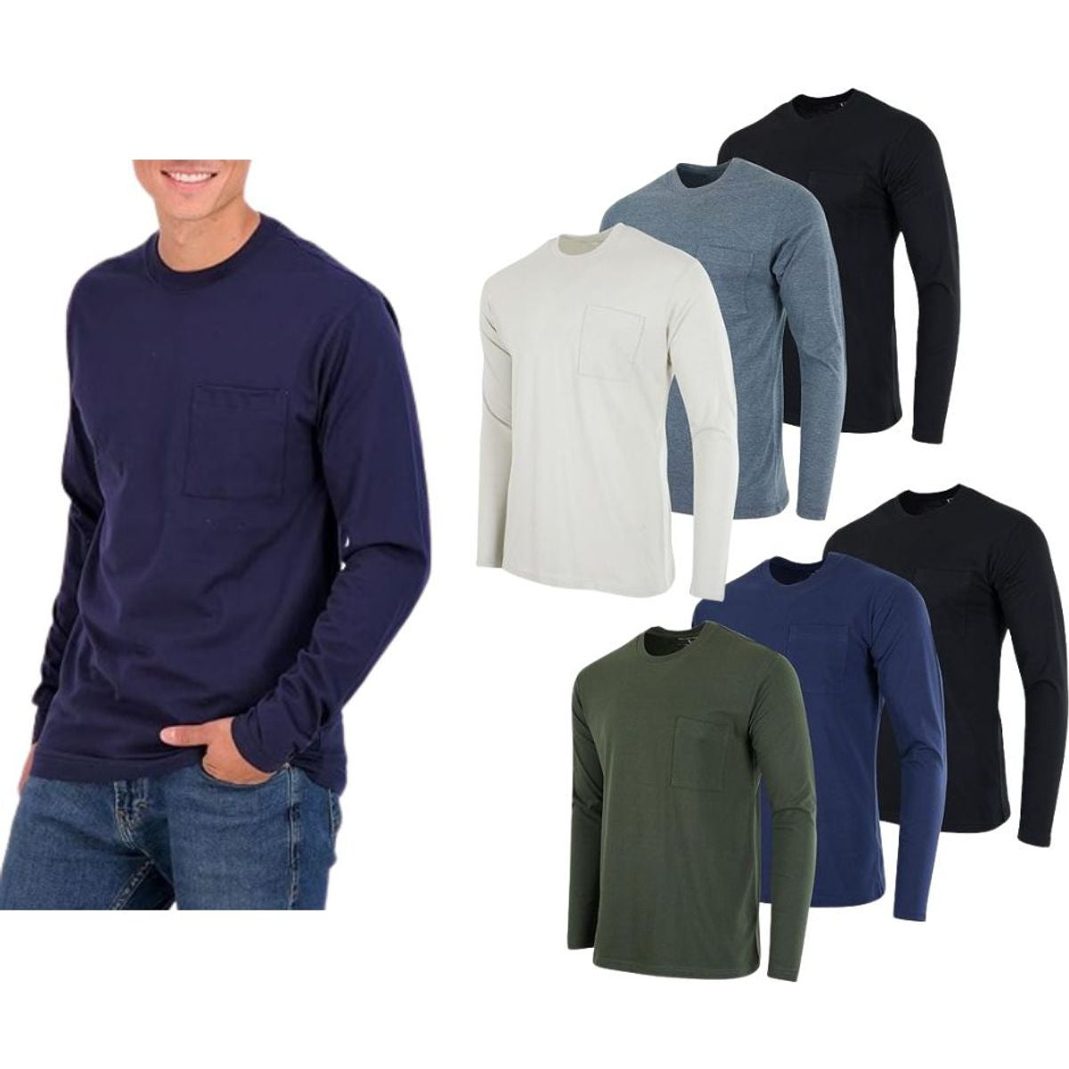 MENS COTTON LONG SLEEVE T SHIRT WITH CHEST POCKET 3 PACK