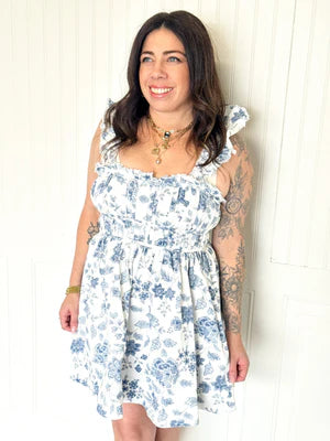 FLORAL PRINTED DENIM SLEEVELESS MINI DRESS