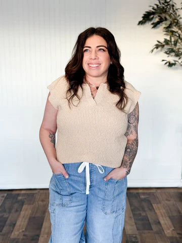 HARPER SPLIT NECK SLUB SWEATER TOP