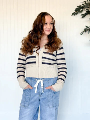 SEASIDE STROLL ZIP UP POINTELLE SWEATER JACKET
