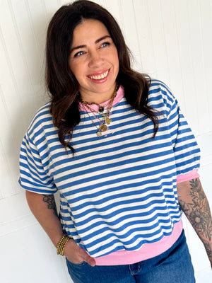 STRIPE FRENCH TERRY SHORT SLEEVE SEMI CROP TOP