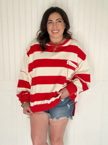 STRIPED COLORBLOCK TERRY POCKET SWEATSHIRT