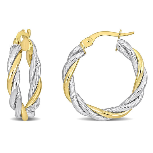 10K YELLOW AND WHITE GOLD TWISTED HOOP EARRINGS
