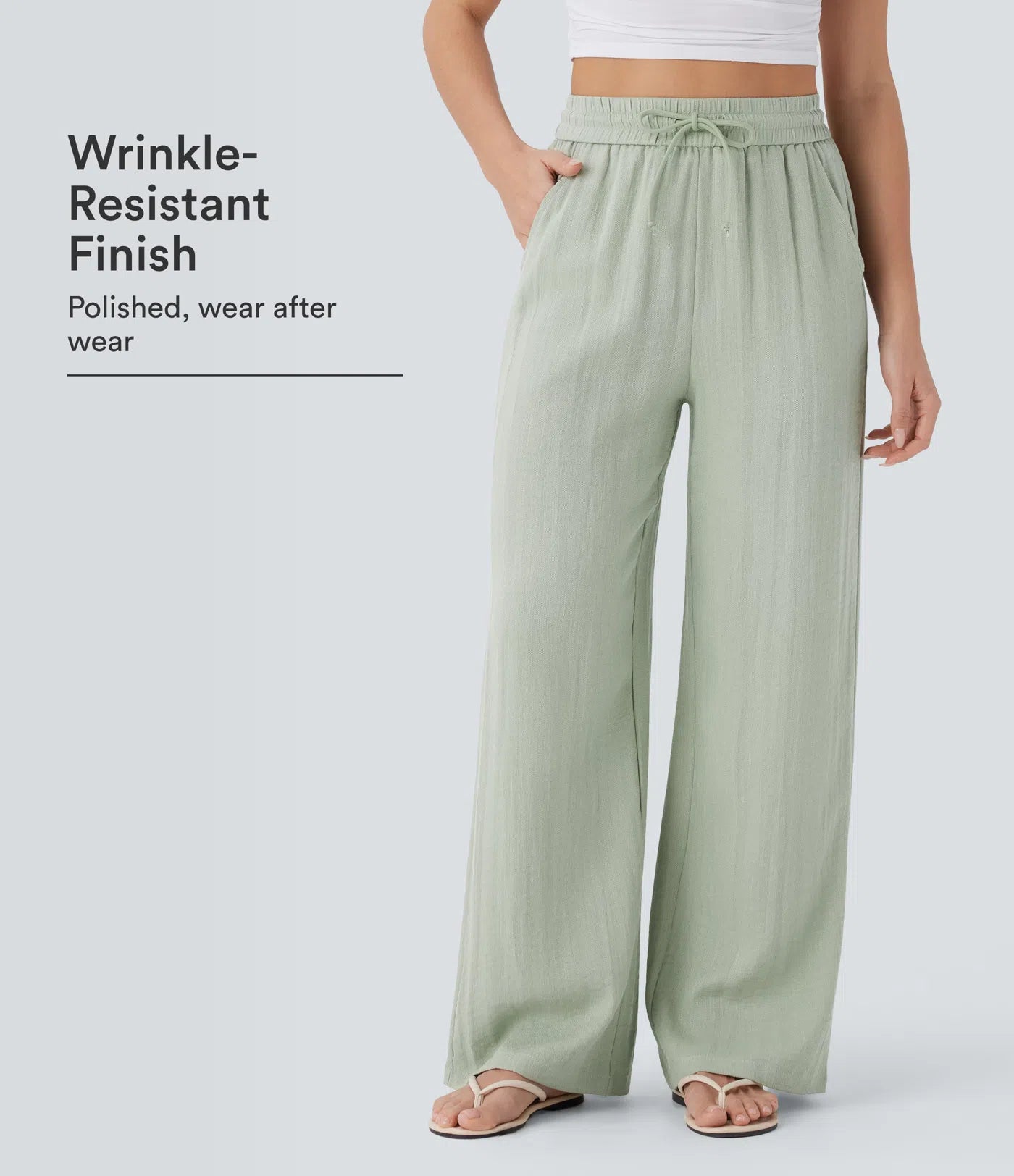HIGH WAISTED DRAWSTRING POCKET WIDE LEG BAGGY CASUAL LINEN FEEL PANTS