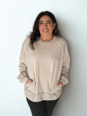 VINTAGE VIBE MINERAL WASH PULLOVER RELAXED EXPOSED SEAM COTTON SWEATSHIRT