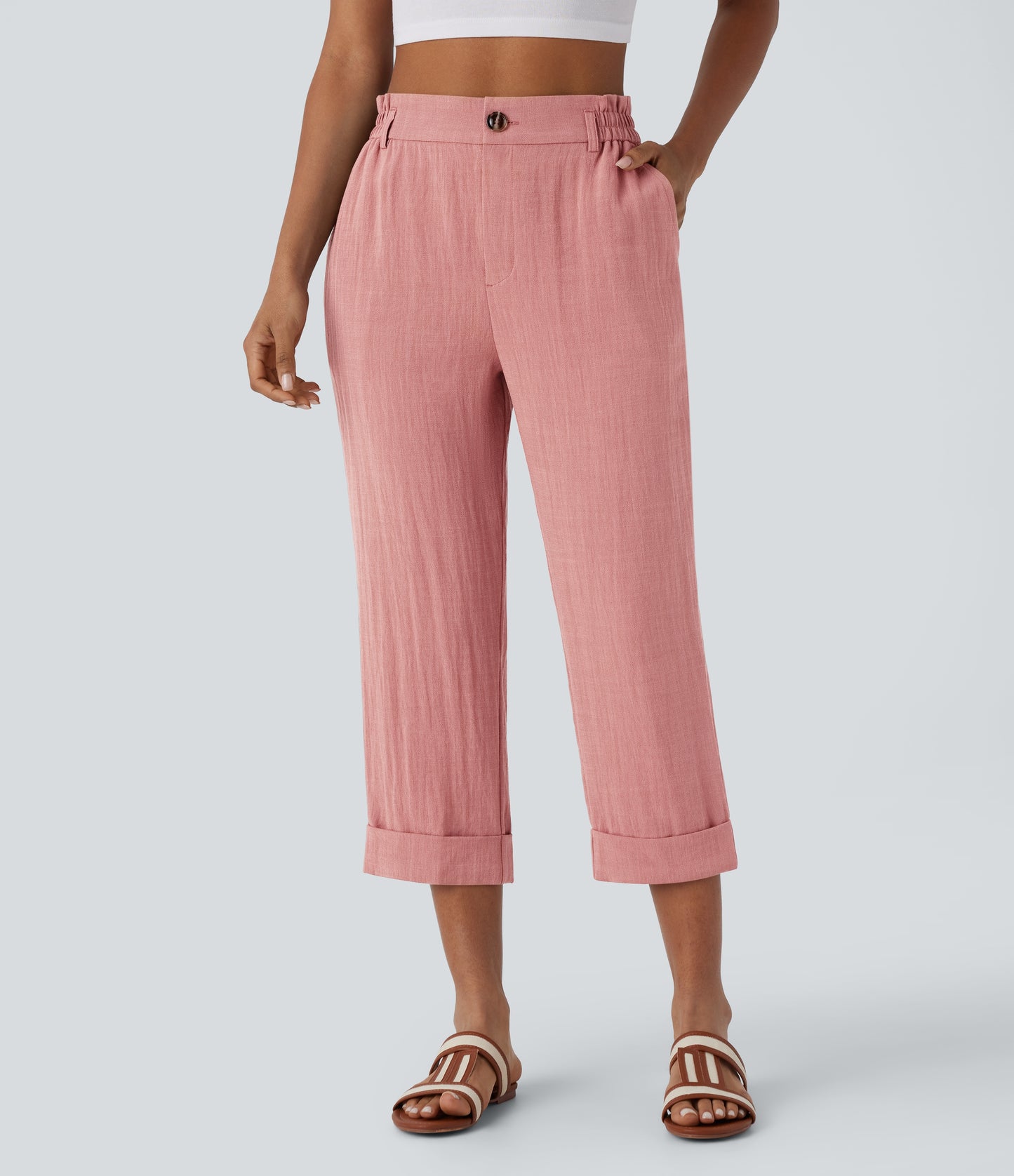High waisted zipper pocket cropped linen feel pants