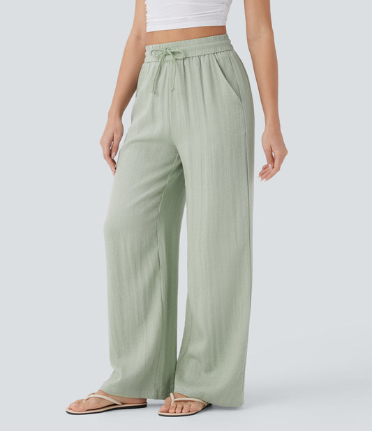 High waisted drawstring pocket wide leg baggy casual linen feel pants