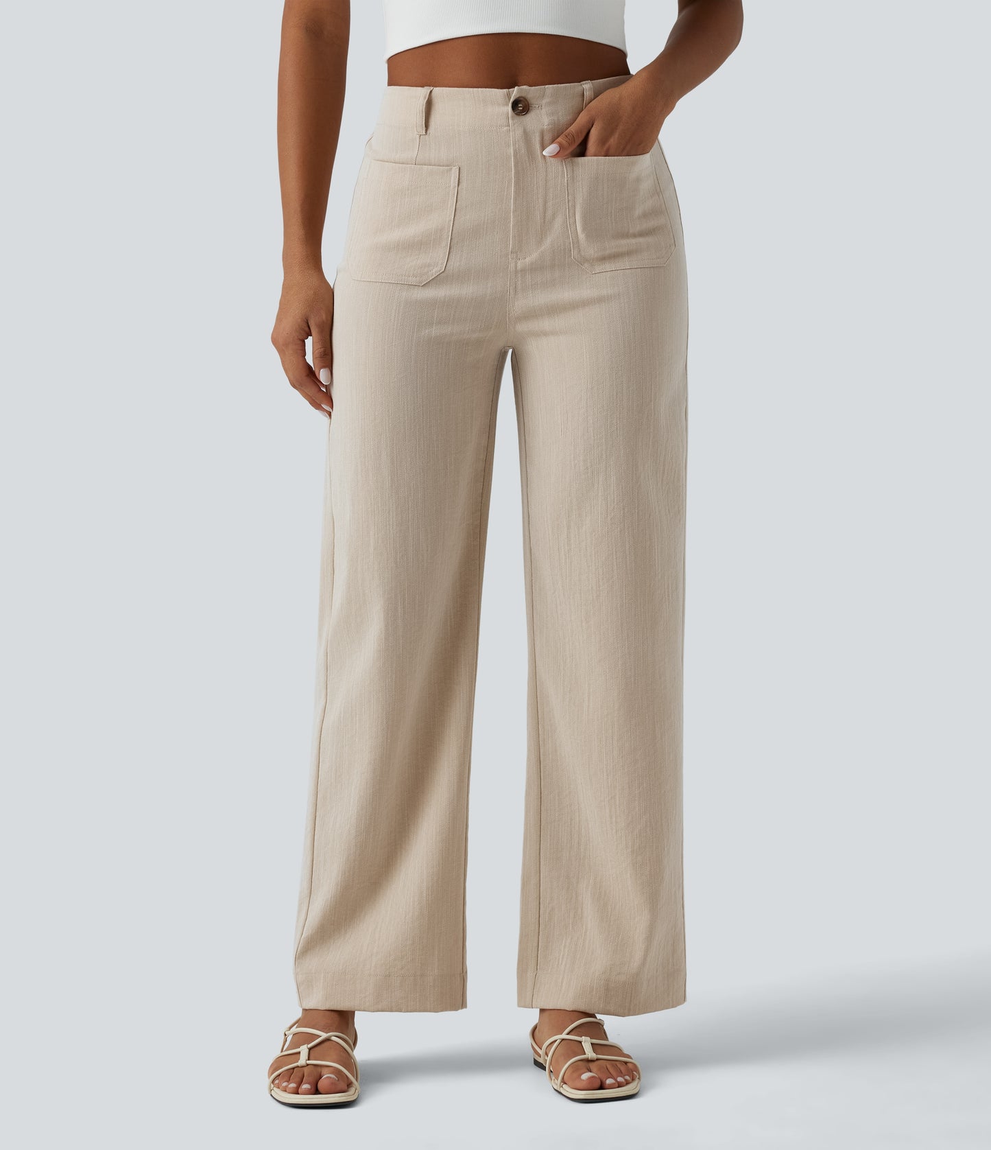 High waisted straight leg casual linen feel pants with pockets