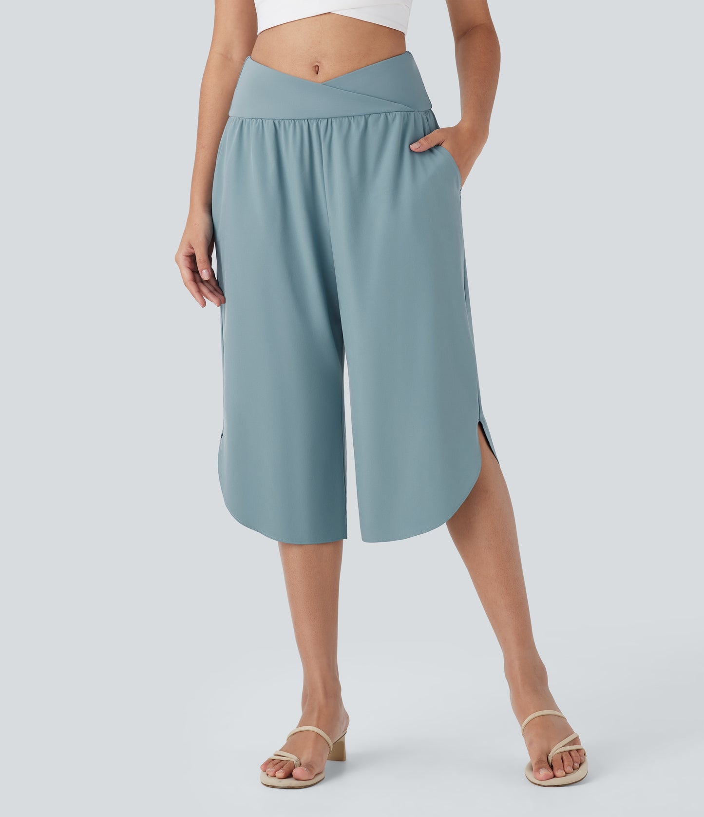 High waisted crossover pocket quick dry capri pants