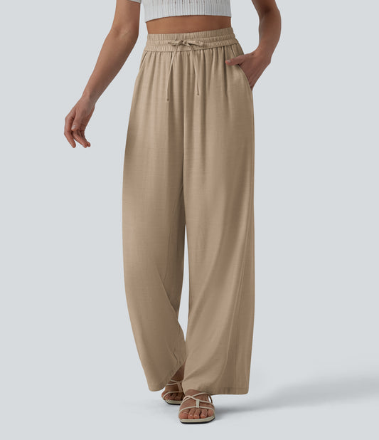 High waisted  drawstring wide leg casual linen blend pants