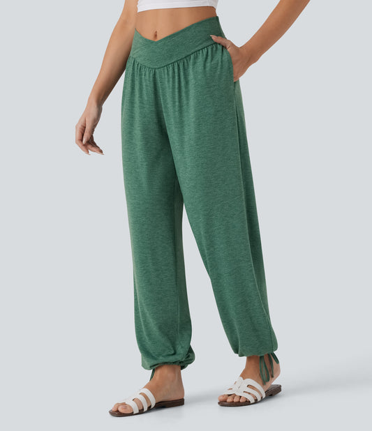 Crossover high waisted pocket drawstring casual joggers