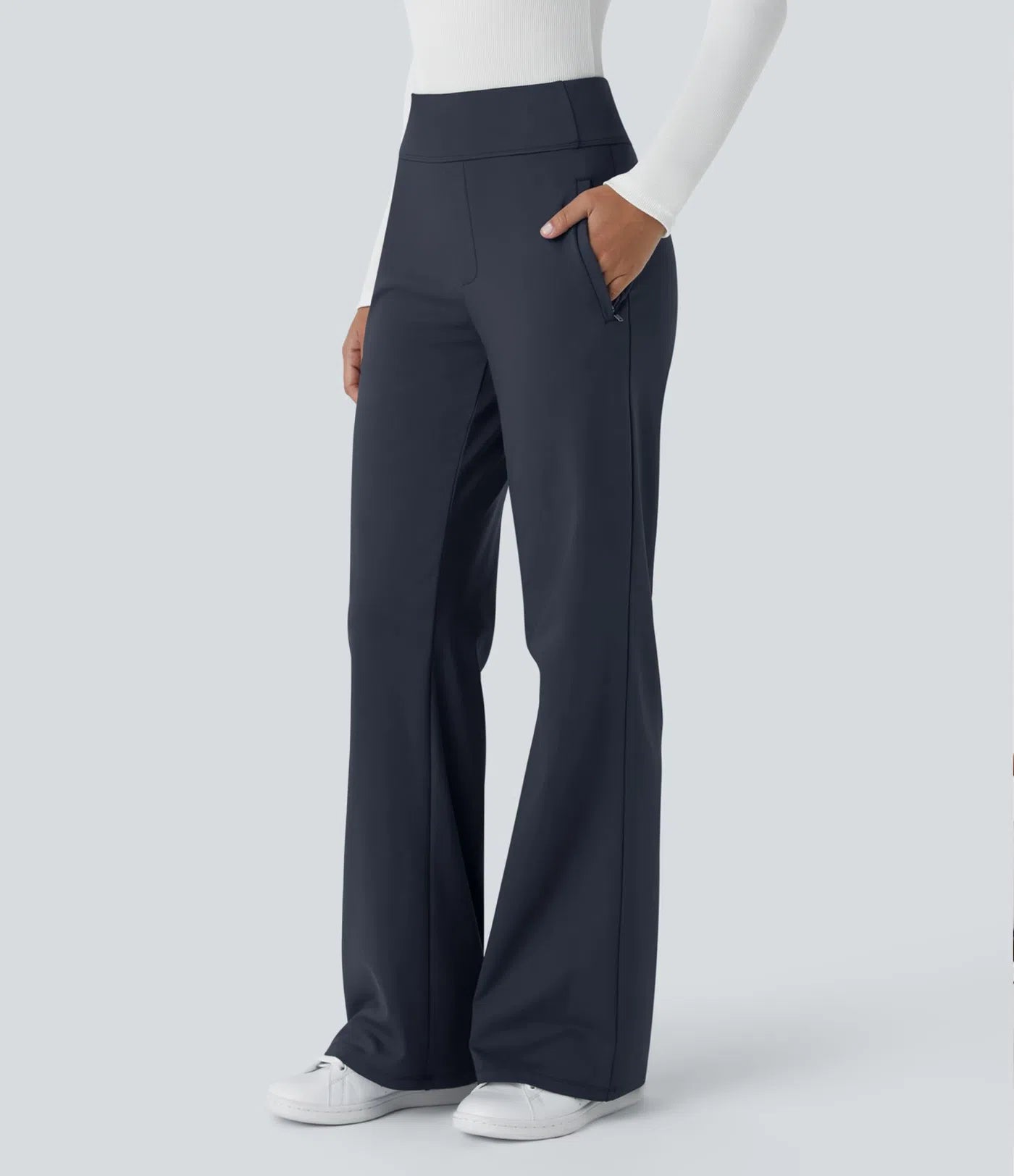 HALARA FLEX DAY STRETCH MID RISE SIDE ZIPPER POCKET WORK FLARE PANTS