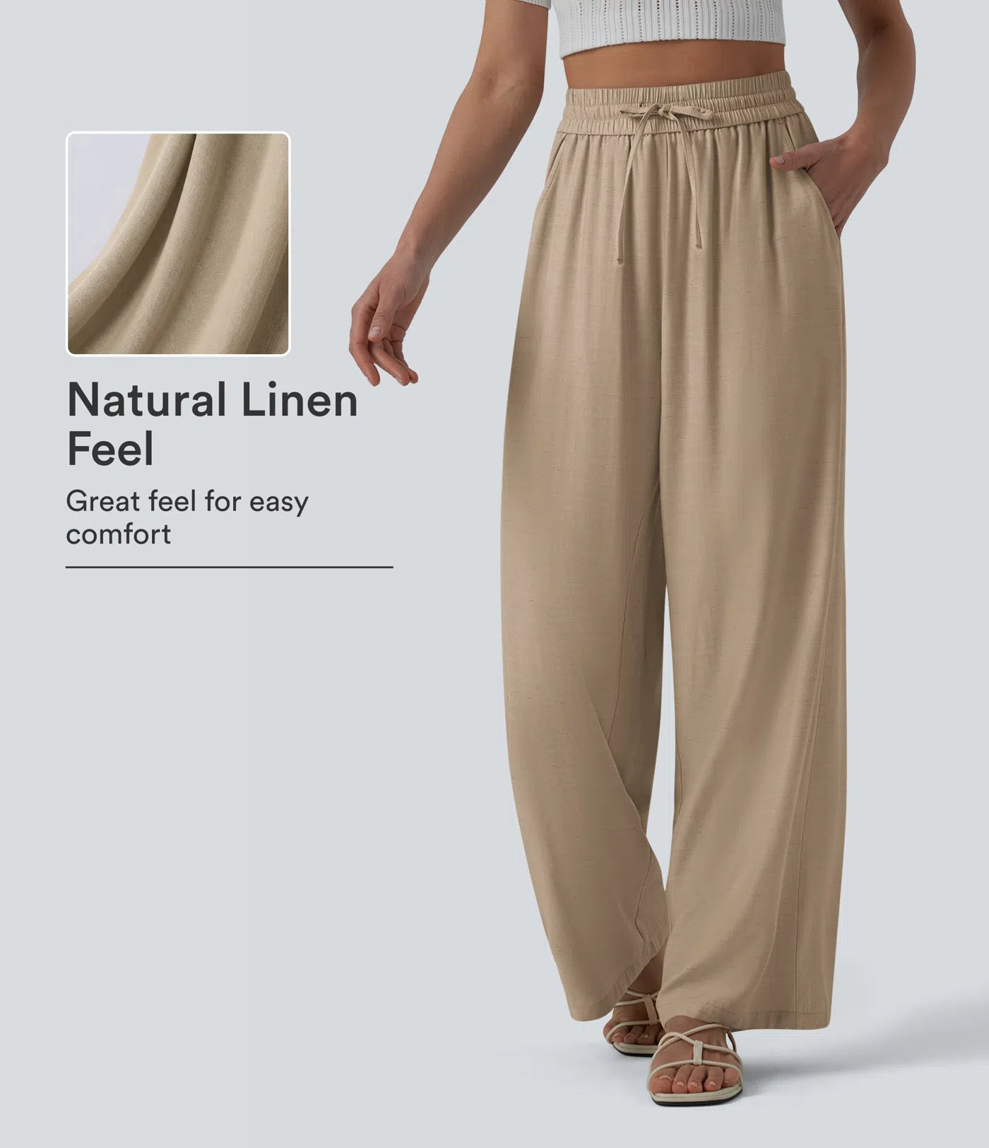HIGH WAISTED DRAWSTRING WIDE LEG CASUAL LINEN BLEND PANTS
