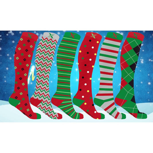 CHRISTMAS THEMED HOLIDAY FUN KNEE HIGH COMPRESSION SOCKS 6 PAIRS
