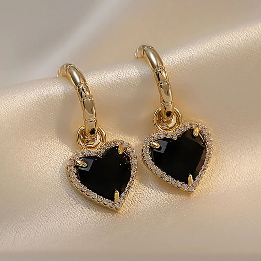 14K GOLD PLATED BLACK ONYX HEART SHAPED HANGING EARRINGS
