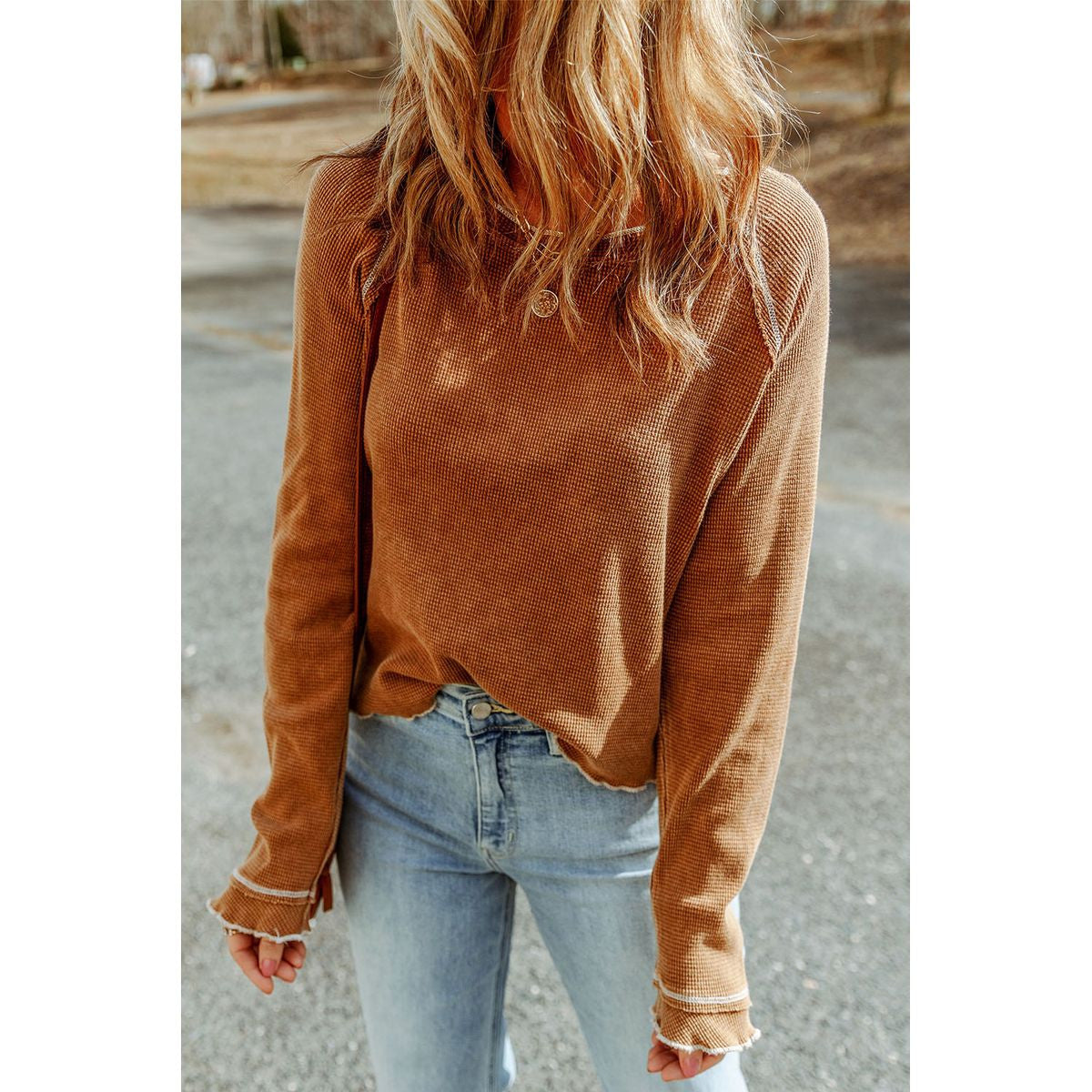 CATALEYA TEXTURED ROUND NECK LONG SLEEVE TOP
