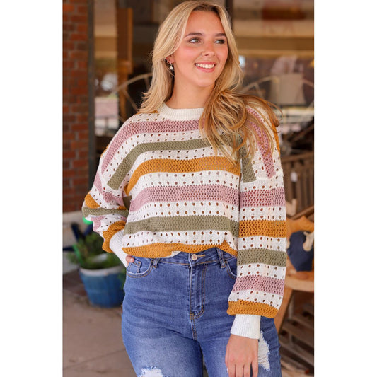 CAROLINE STRIPED HOLLOWED KNIT LOOSE SWEATER