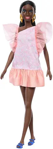 BARBIE FASHIONISTAS DOLL #216 WITH TALL BODY AND BLACK HAIR IN LOW PONY TAIL IN PINKK AND PEACH PARTY DRESS
