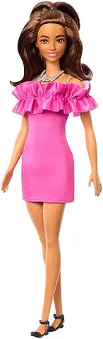 BARBIE FASHIONISTAS DOLL #217  WITH BROWN WAVY HAIR HALF UP HALF DOWN AND PINK DRESS