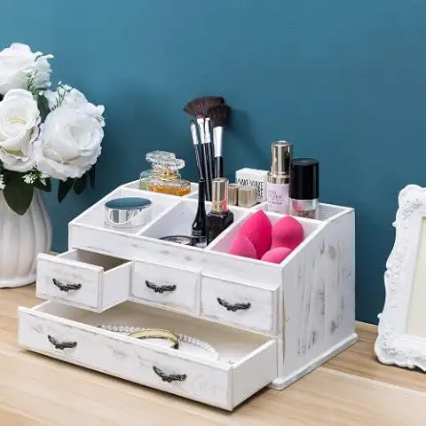 7 COMPARTMENT SHABBY WHITEWASHED SOLID WOOD JEWELRY COSMETICS VANITY