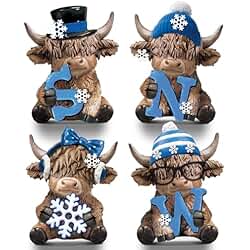 4 PIECE WINTER SNOW HIGHLAND COW FIGURINES