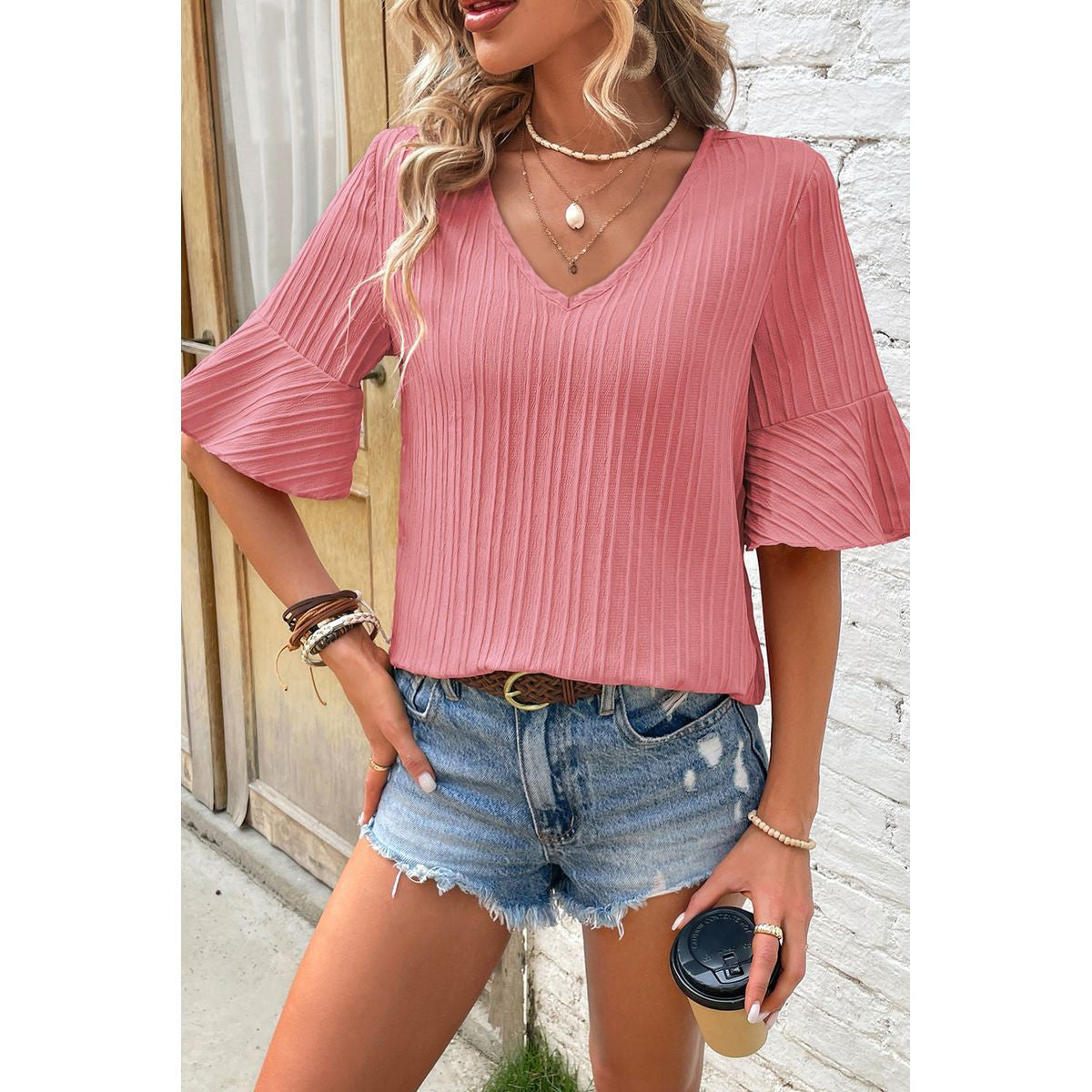CAPRI RUFFLED HALF SLEEVE V NECK TEXTURED TOP