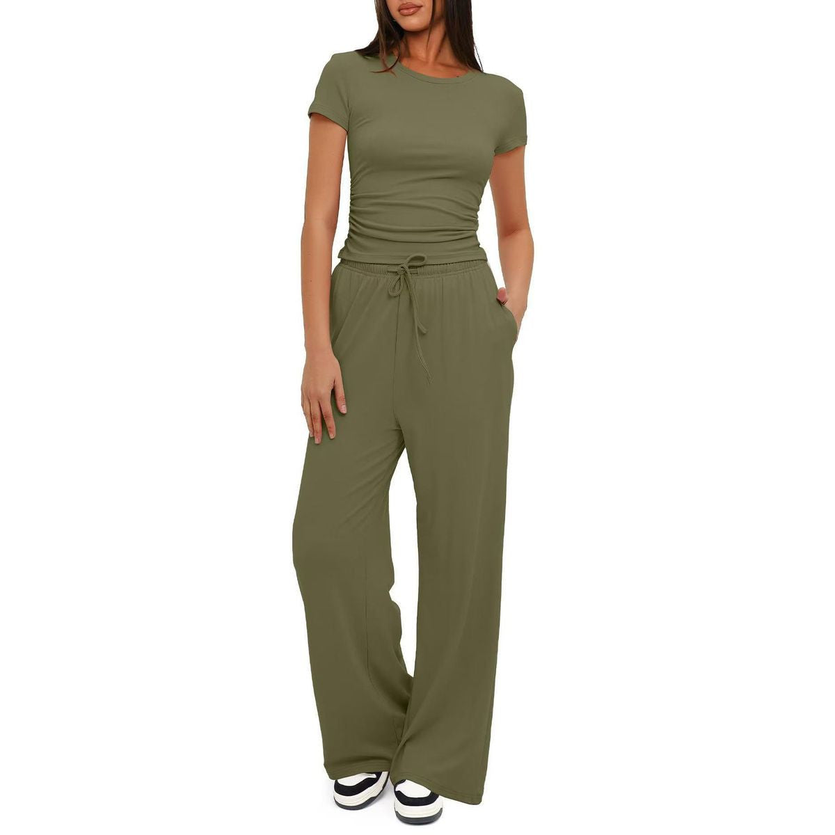 WOMENS RUCHED SHORT SLEEVE TOP AND WIDE LEG PANTS 2 PIECE SET