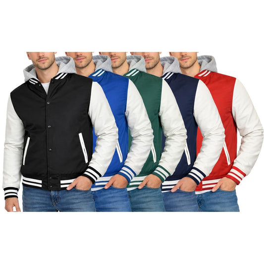 MENS HOODED VARSITY JACKET WITH DETACHABLE HOOD