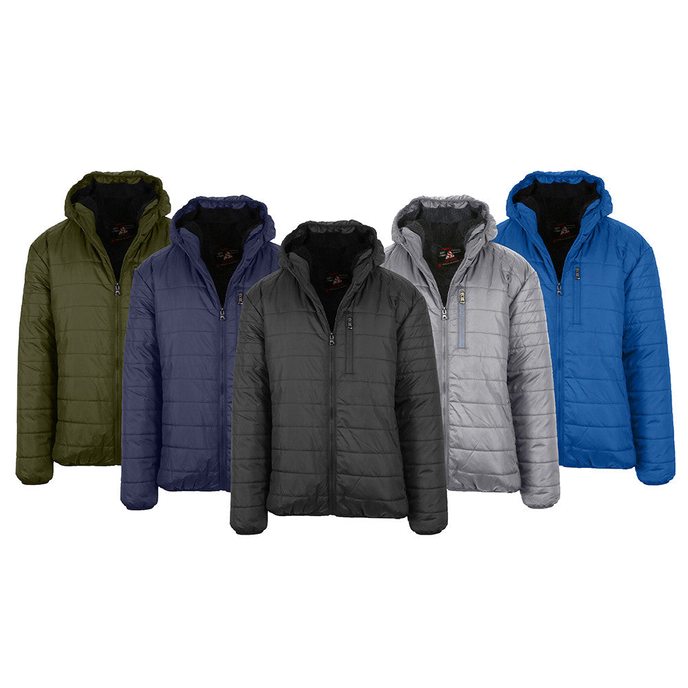 MENS SHERPA LINED HOODED PUFFER JACKET
